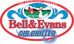 Bell & Evans logo with a chicken farm scene and the words Air Chilled.