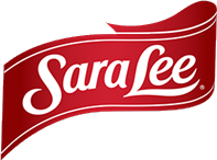 Sara Lee brand logo in stylized white script on a red ribbon background.