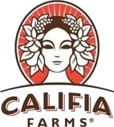 Califia Farms logo featuring stylized woman's face with flowers and sunburst behind her.