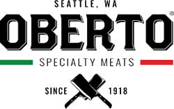 Oberto logo with text Seattle WA, Specialty Meats, Since 1918, and crossed meat cleavers