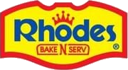 Rhodes Bake N Serv logo with blue text and yellow background.