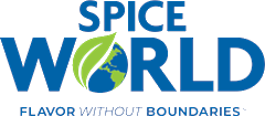 Spice World logo with a leaf and globe inside the letter O, slogan Flavor Without Boundaries.
