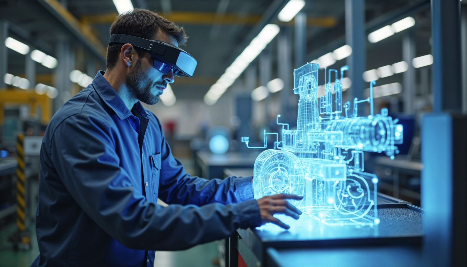 Man with goggles on working on a digital interface.