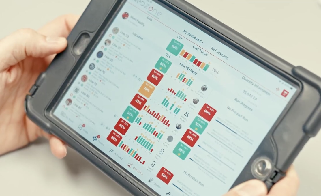 A close-up view of hands holding a tablet displaying a manufacturing OEE dashboard with real-time efficiency metrics, performance charts, and line statuses.