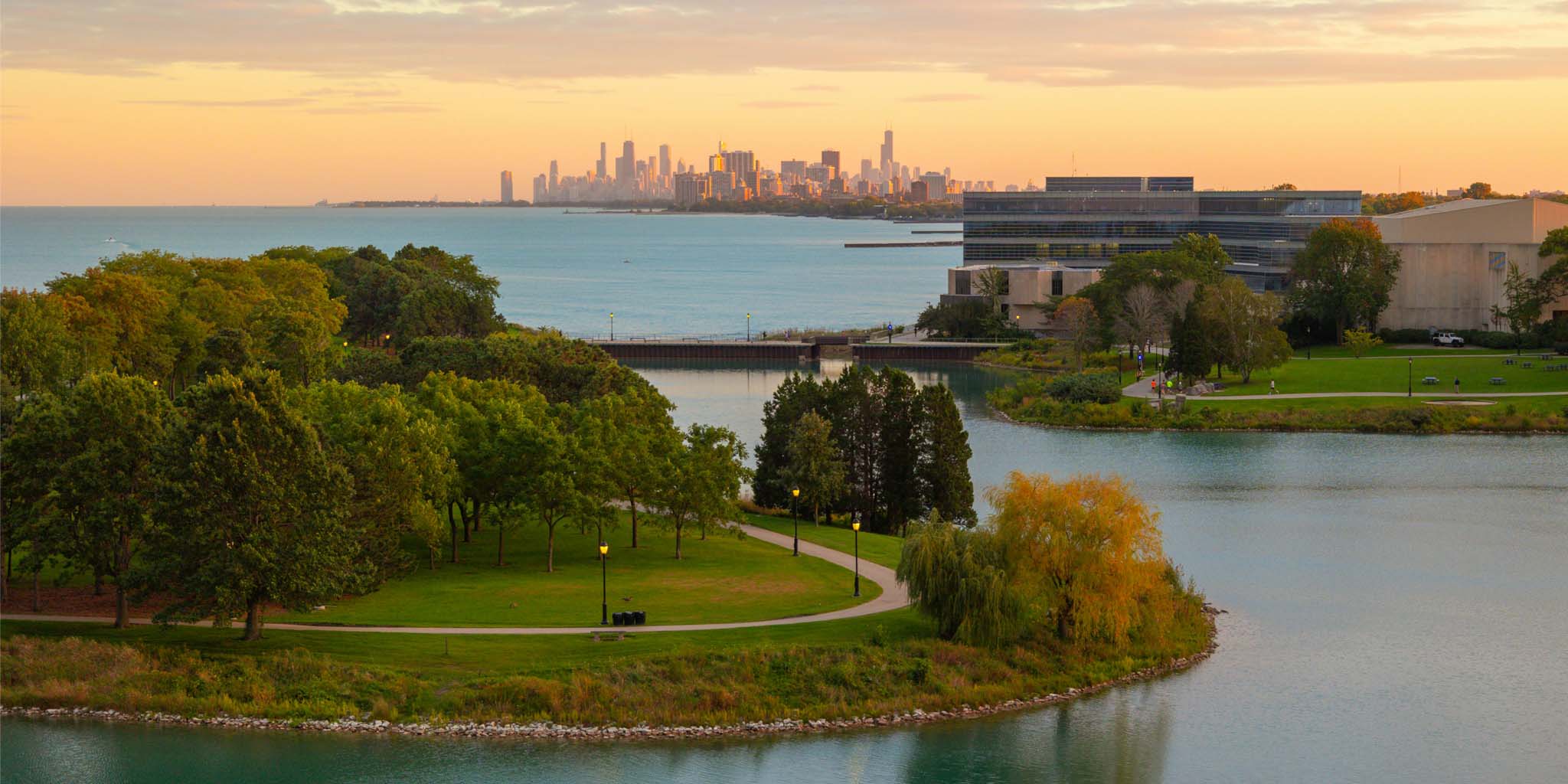 Drone view of Chicago skyline from Evanston lakefront