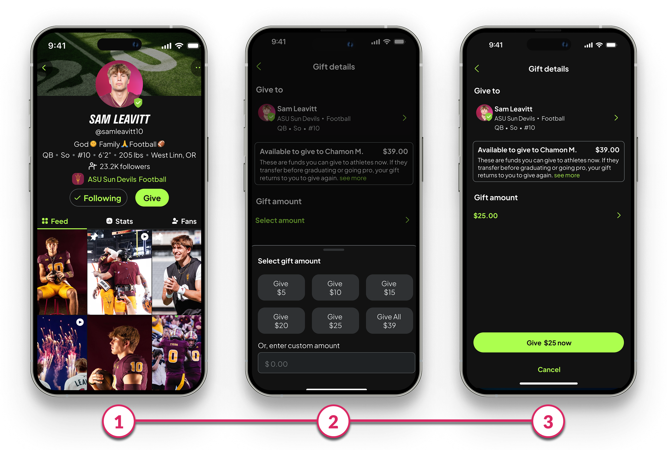 Screenshot of the three main screens of the CrowdNoise Give to an athlete flow