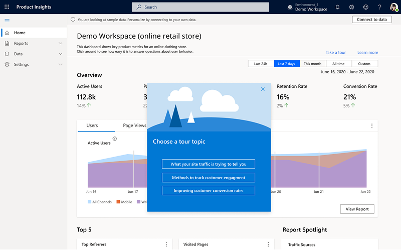Screenshot of Product Insights new landing page with tour and UI with demo data