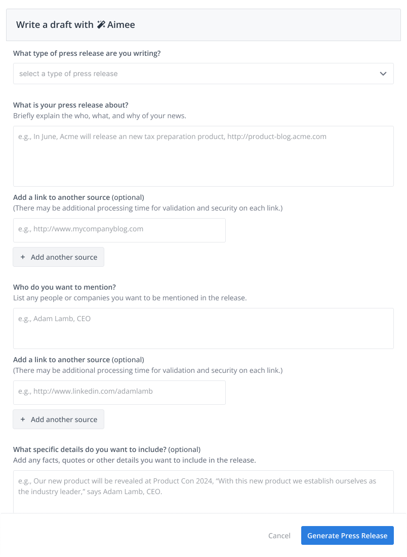 Screenshot of the UI of AImee "Write My Press Release" tool