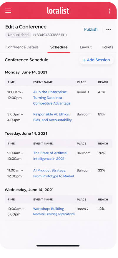 Desktop version of the admin UI, showing the beginning of Create a Conference workflow