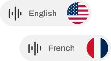 Language selection buttons for English with US flag and French with French flag.