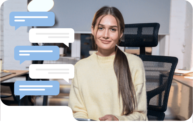 Smiling woman with brown hair wearing a beige blazer alongside graphic chat bubbles in white and blue.