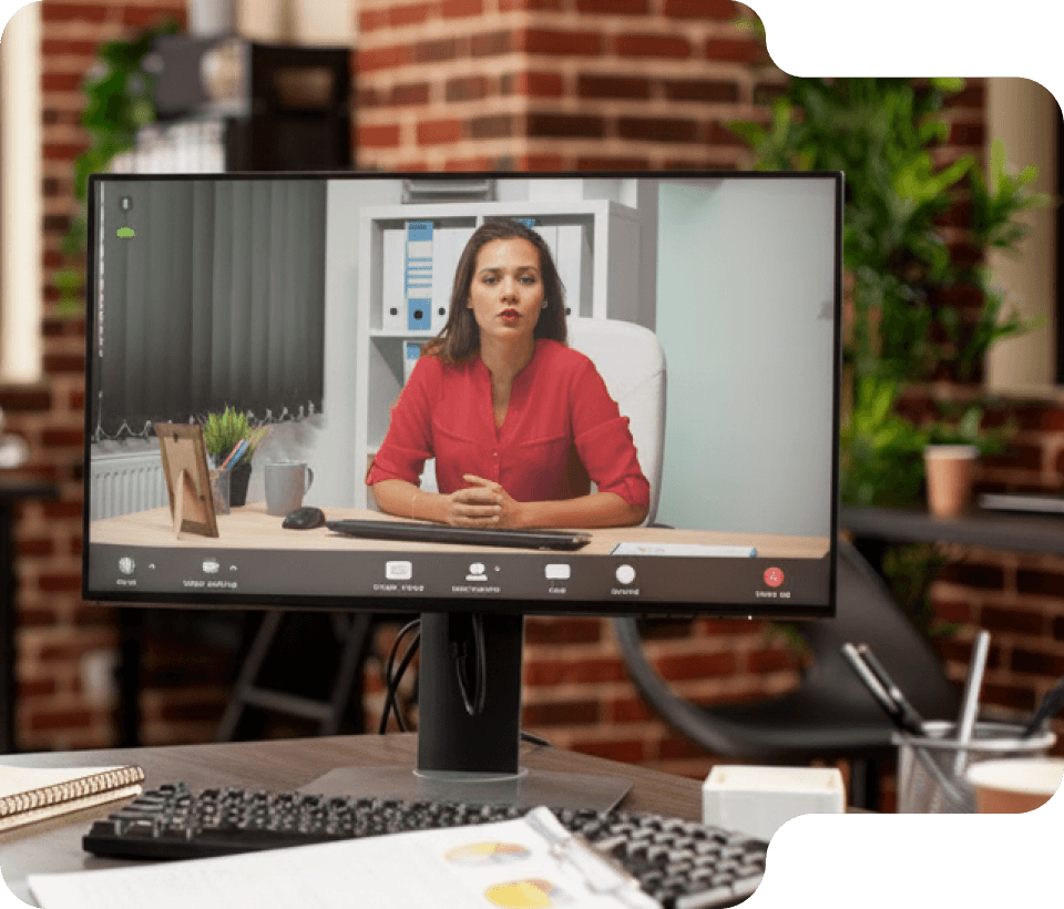 Computer monitor showing a woman in a red shirt in a video conference call in an office setting.