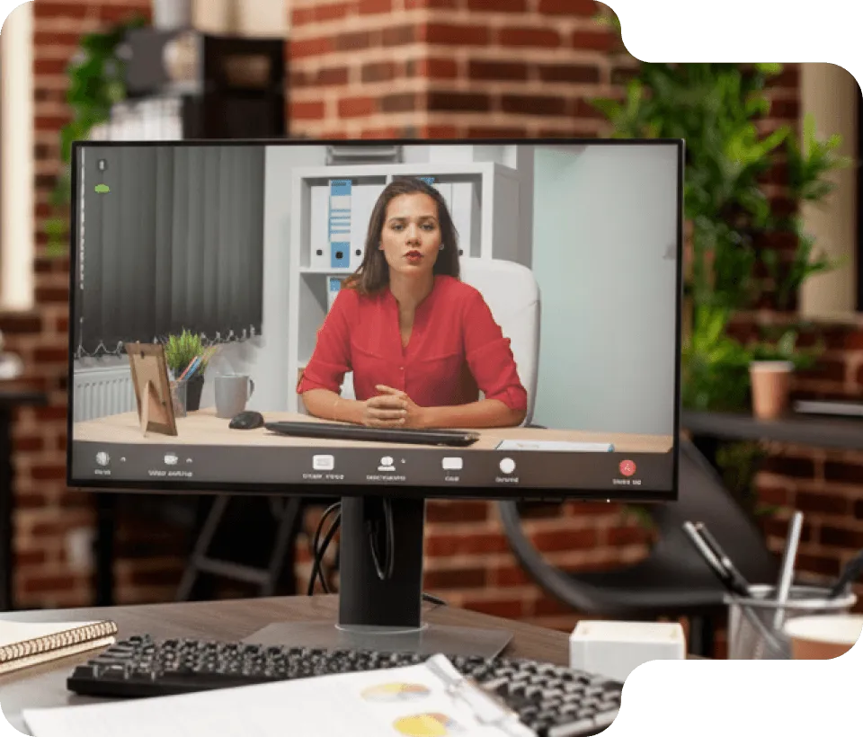 Computer monitor showing a woman in a red shirt in a video conference call in an office setting.