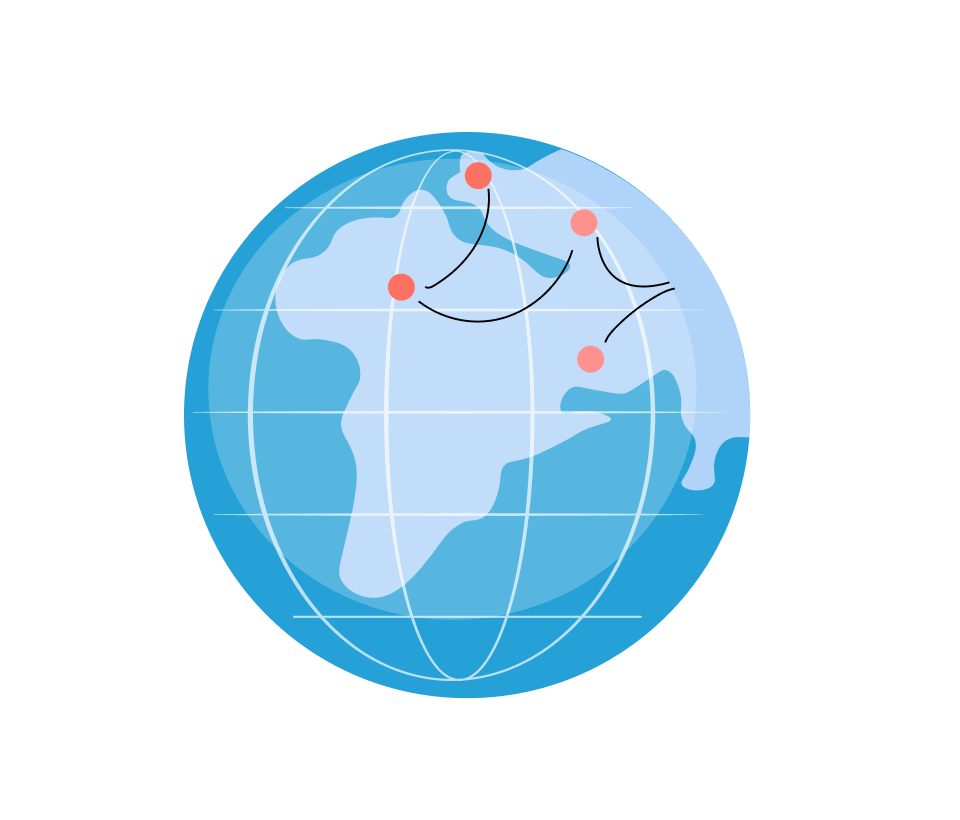 Illustration of a globe showing parts of Europe and Africa with four connected red points linked by curved lines representing global connection or network.