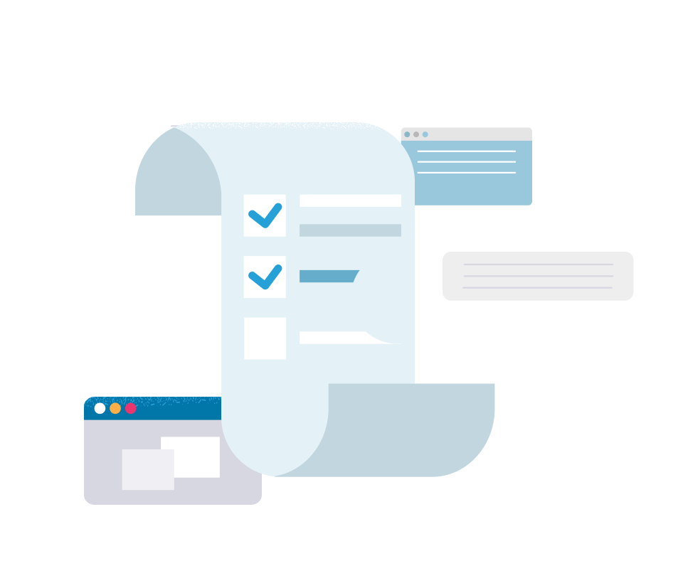 Illustration of a digital checklist with two checked boxes and one unchecked box surrounded by browser window elements.