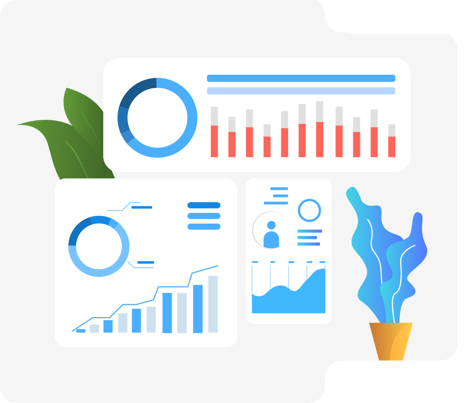 Dashboard with circular, bar, and line charts displaying data analytics alongside two decorative potted plants.