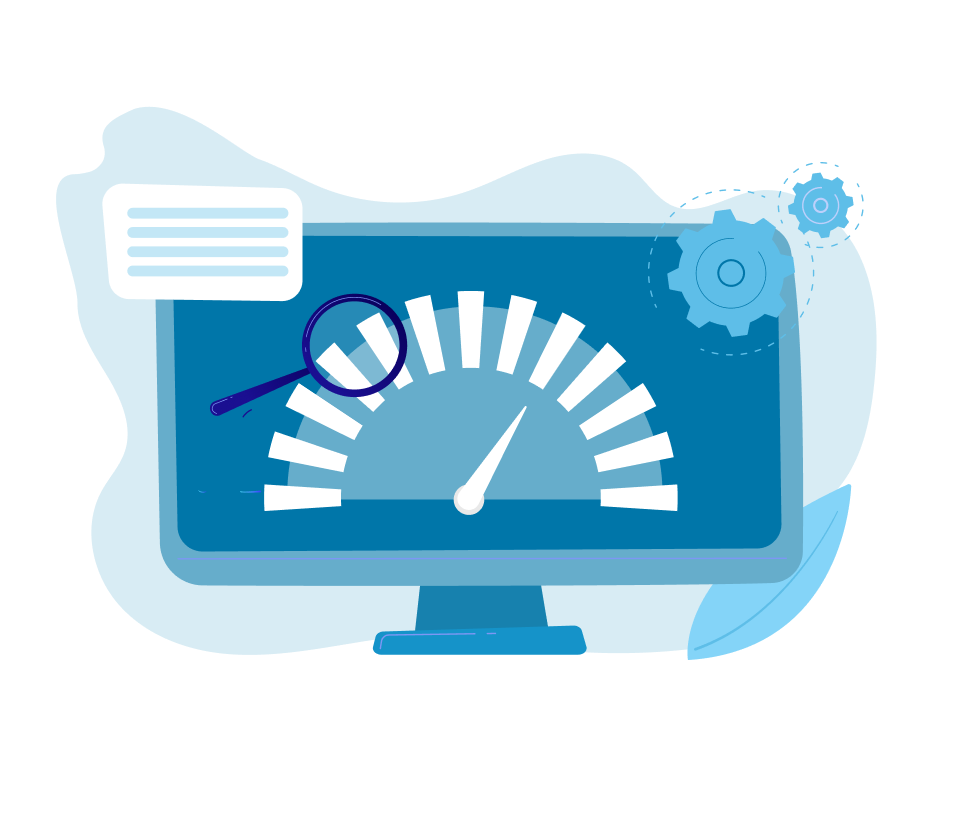 Computer monitor displaying a speedometer gauge indicating performance or speed with gears and a magnifying glass symbolizing analysis and optimization.