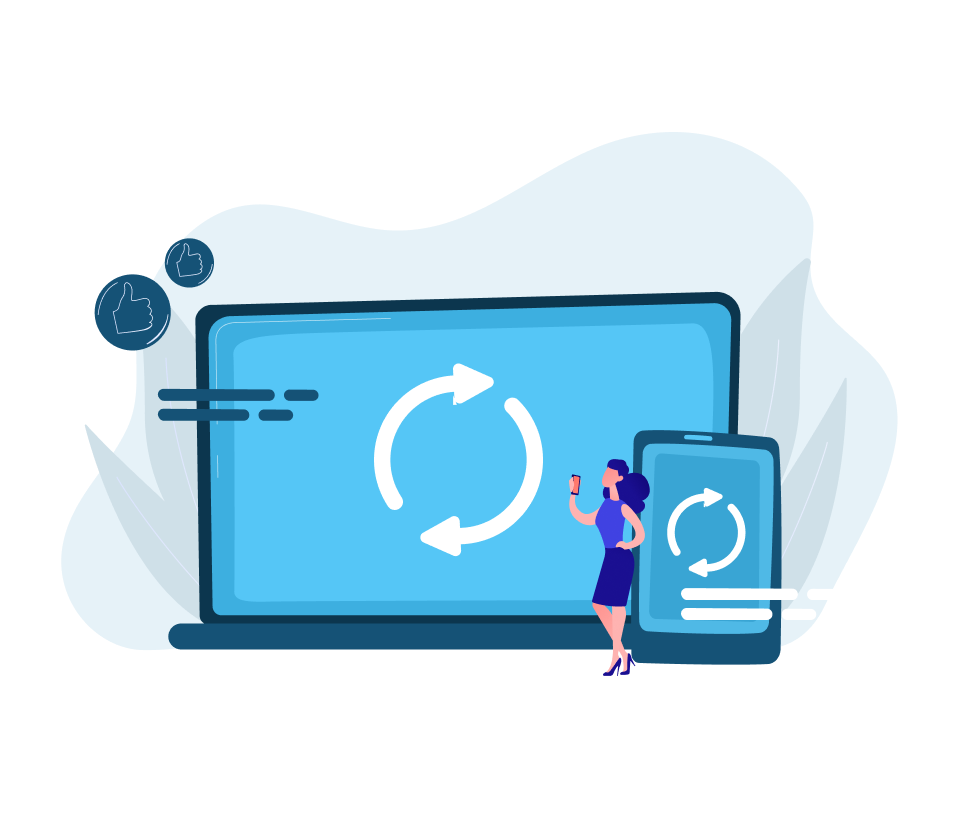 Illustration of a woman holding a smartphone standing next to a laptop and a smartphone displaying circular arrows representing synchronization.