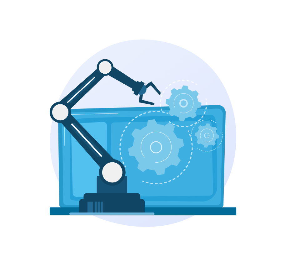 Robotic arm interacting with floating gears in front of a laptop screen, symbolizing automation and technology.