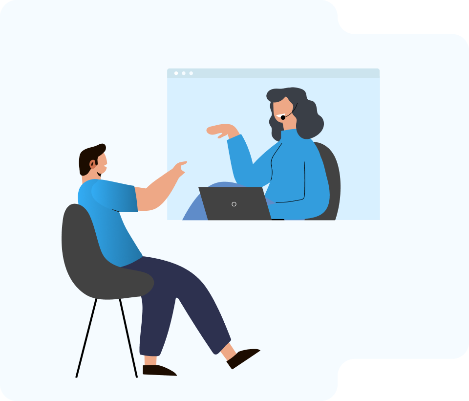 Illustration of a man sitting on a chair having a video call with a woman wearing a headset and blue sweater, visible on a large screen with a laptop.