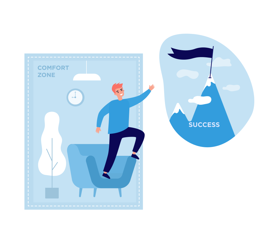 Illustration of a person stepping out of a blue armchair labeled Comfort Zone, reaching toward a mountain peak with a flag labeled Success.