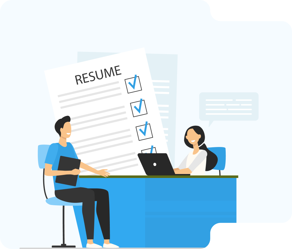Illustration of a job interview with a man presenting a resume to a woman seated at a desk with a laptop, the resume has multiple checked boxes.