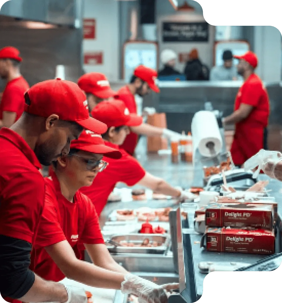 Workers wearing red shirts and caps preparing food in a commercial kitchen assembly line.