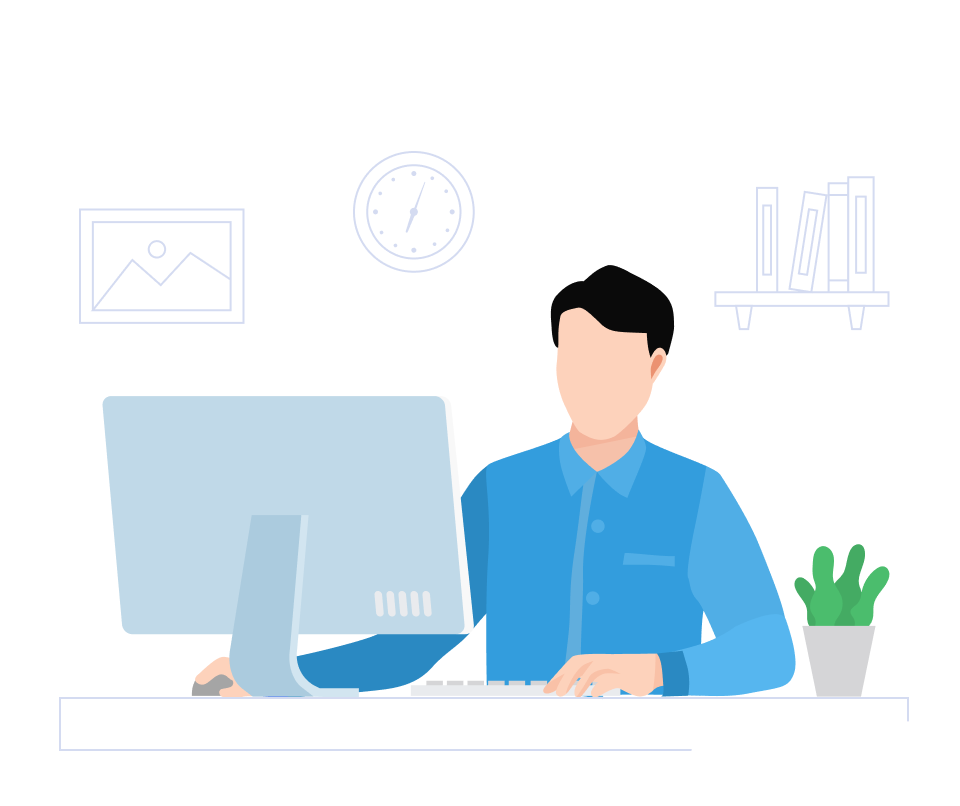 Illustration of a person in a blue shirt sitting at a desk working on a computer, with a clock, framed picture, bookshelf, and a potted plant in the background.