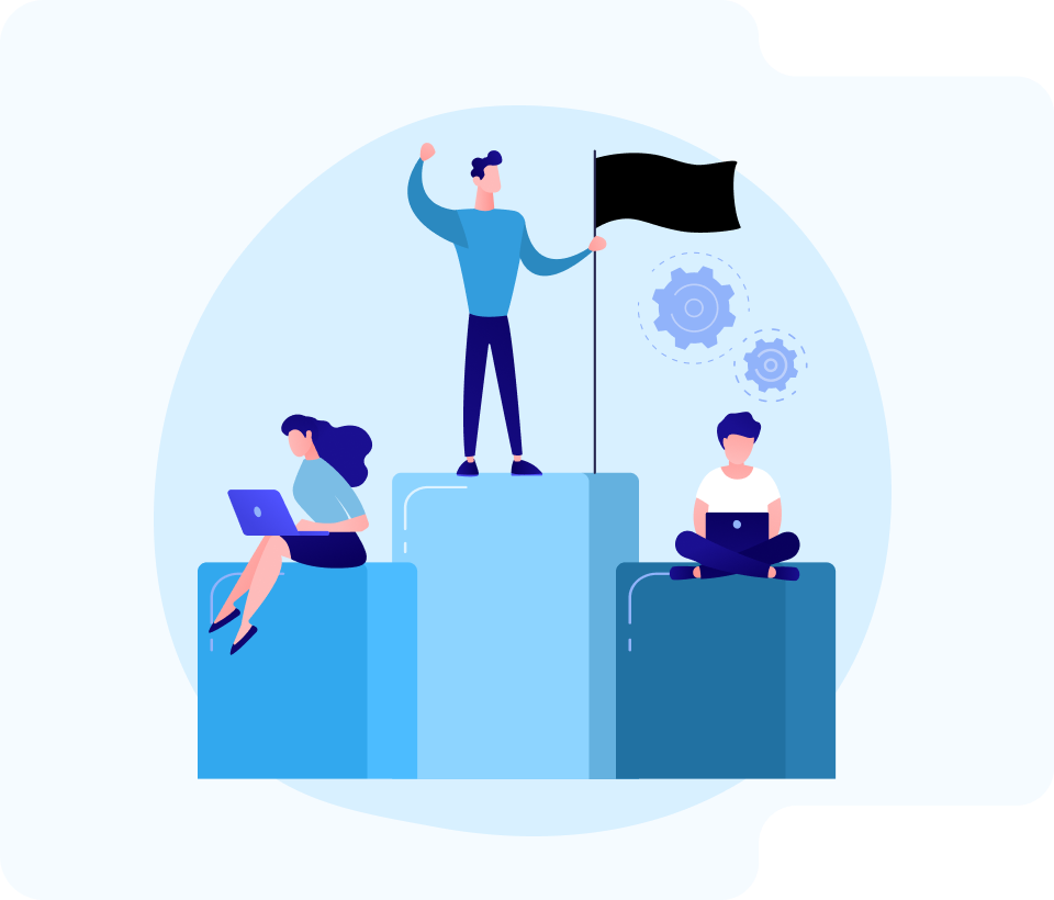 Illustration of three people on varying heights of blue podium blocks; one woman is sitting on a block working on a laptop, a man stands on the highest block holding a black flag and raising his arm, and another man sits cross-legged with a laptop, with gears floating behind him in a light blue circular background.