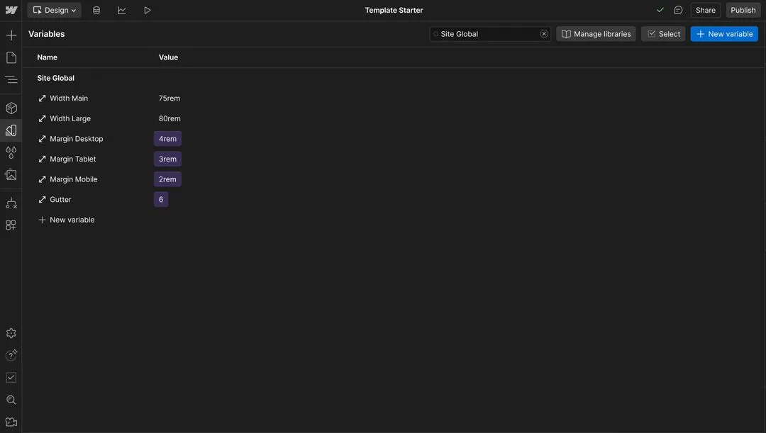 Webflow Variables panel showing site's global properties