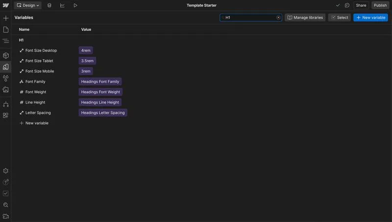 Webflow Variables panel showing H1 properties