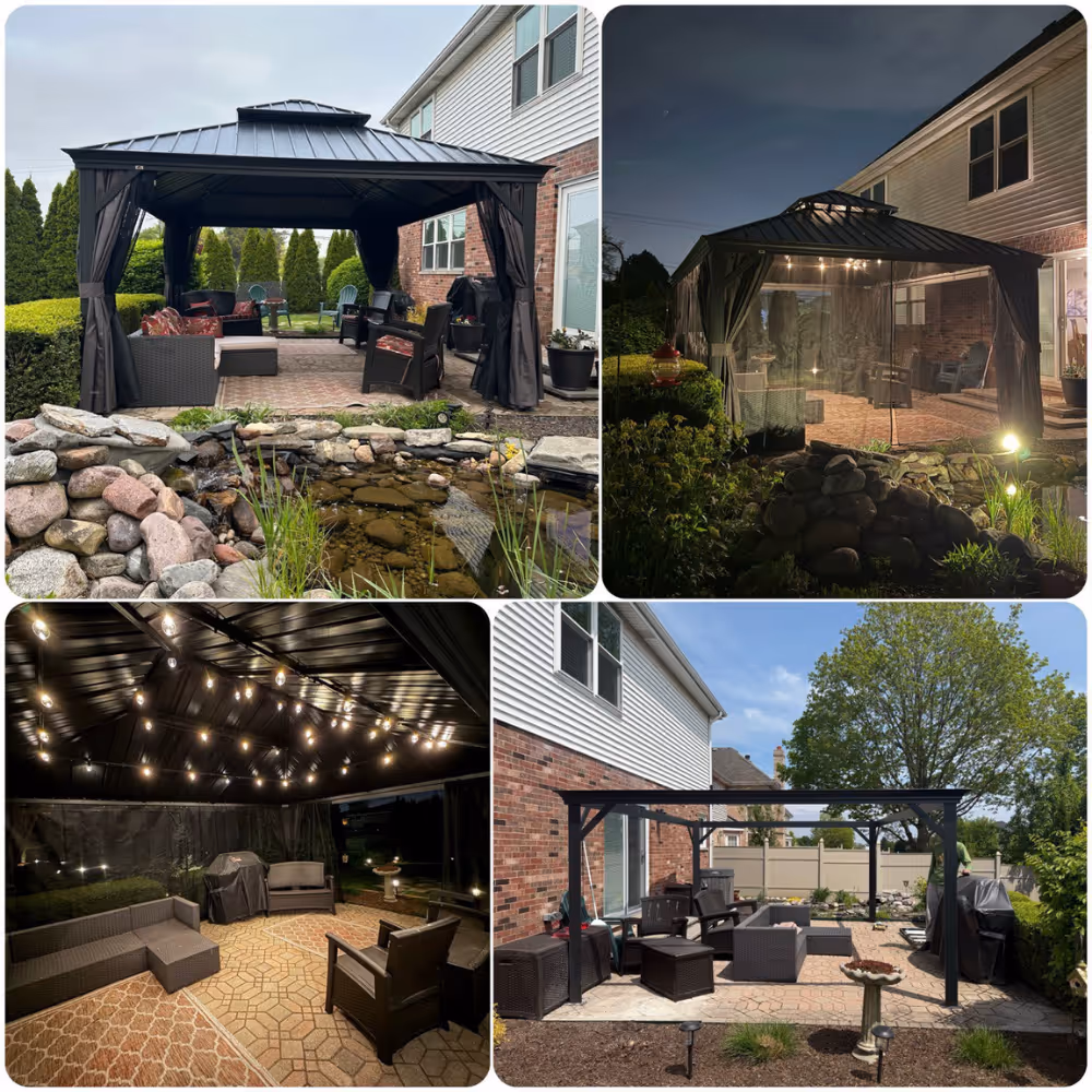 Gazebo installation and outdoor patio setup in Downers Grove IL with lighting and seating area.