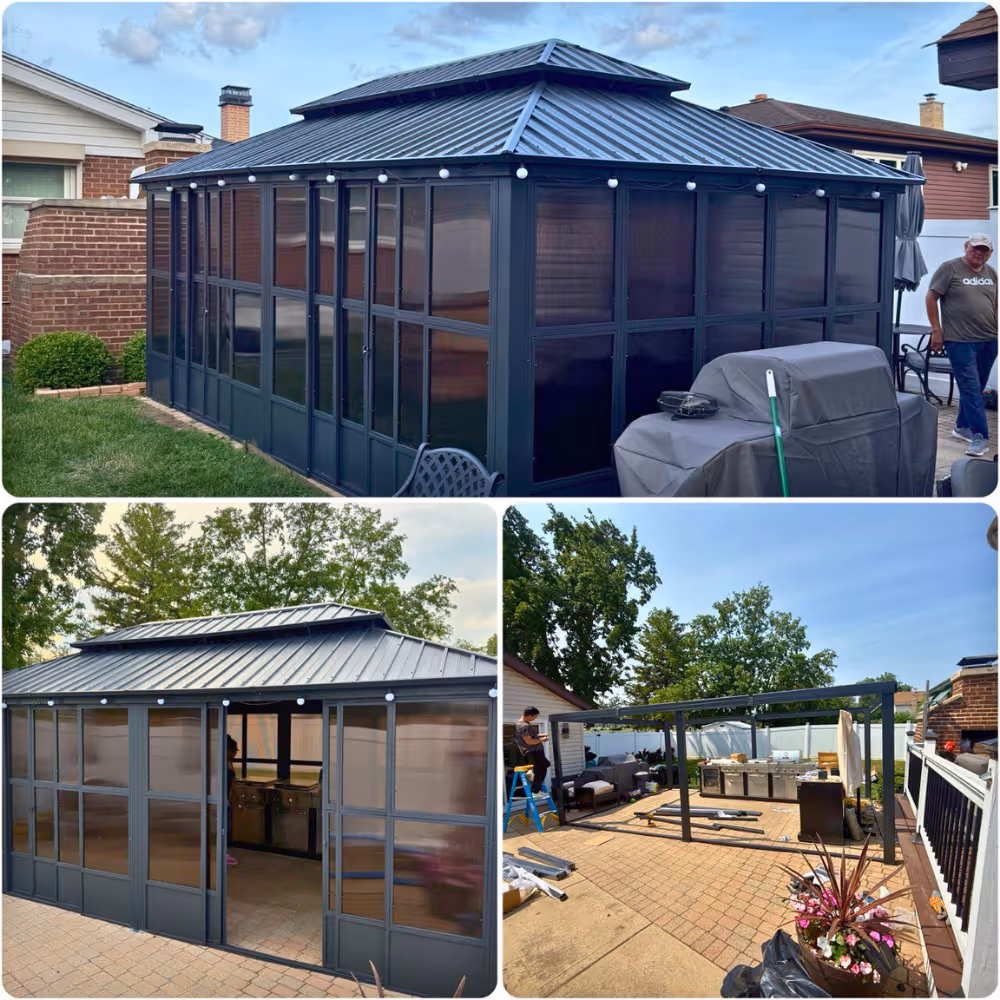 Backyard gazebo installation in Bolingbrook Illinois with patio furniture and outdoor lights.