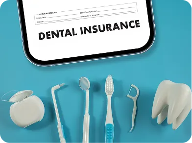 Dental insurance form with dental care tools including floss, scaler, mirror, toothbrush, floss pick, and a model tooth on blue background.