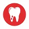 White tooth icon with a smiley face on a red circular background.