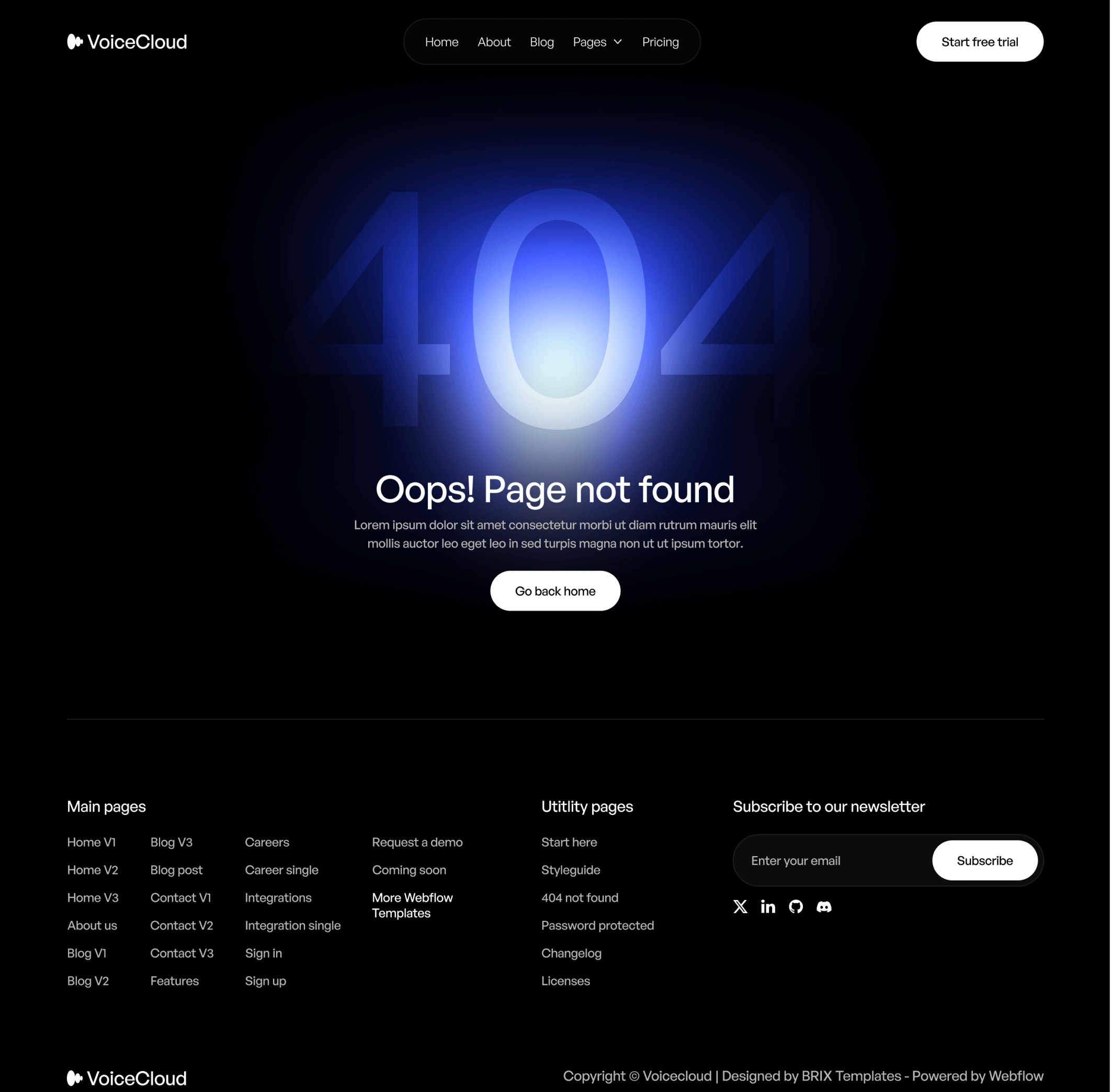 VoiceCloud - 404 Not Found Utility Page - Text to Speech App Webflow Template | BRIX Templates