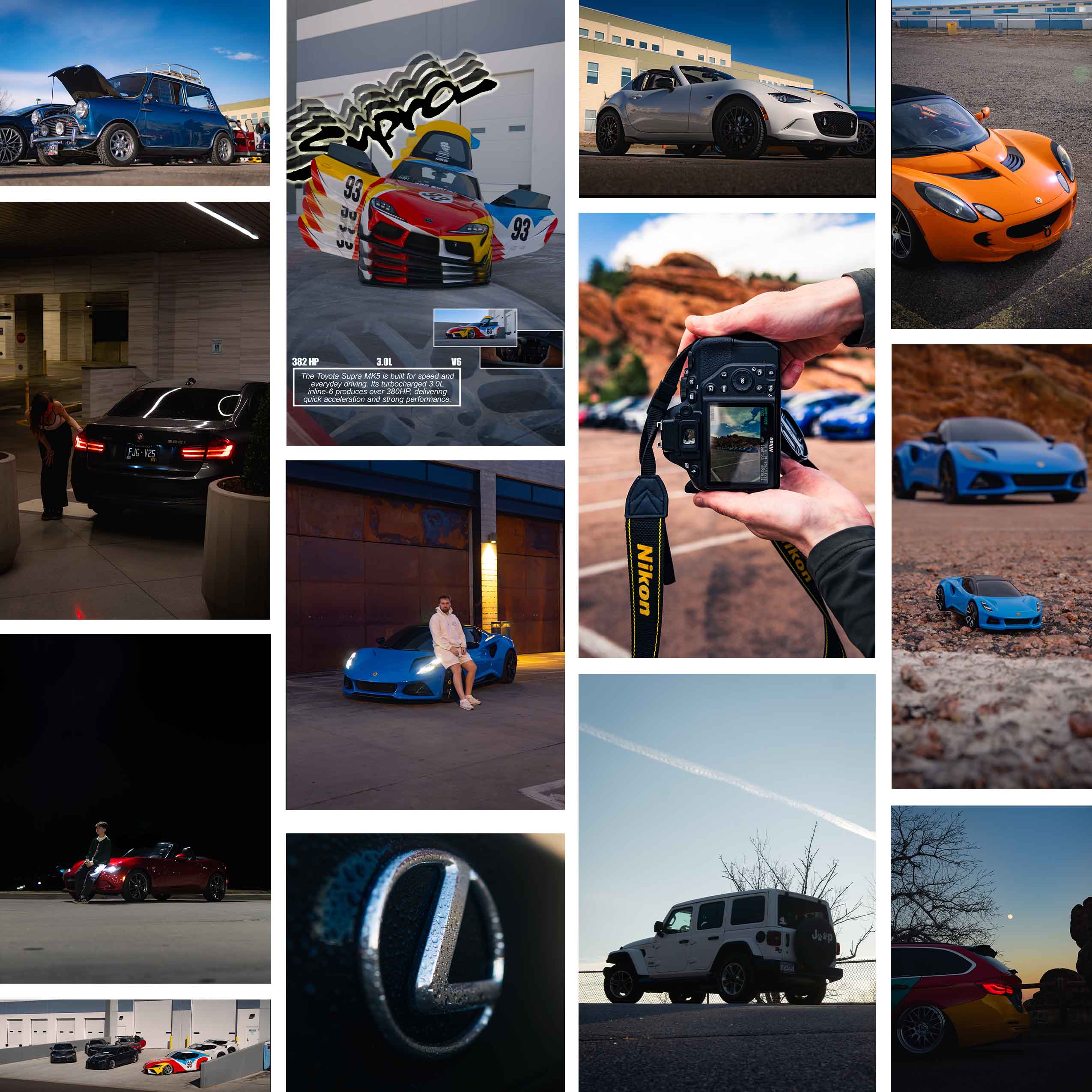 Collage of various cars including sports, luxury cars, and a person photographing a scenic car shot.
