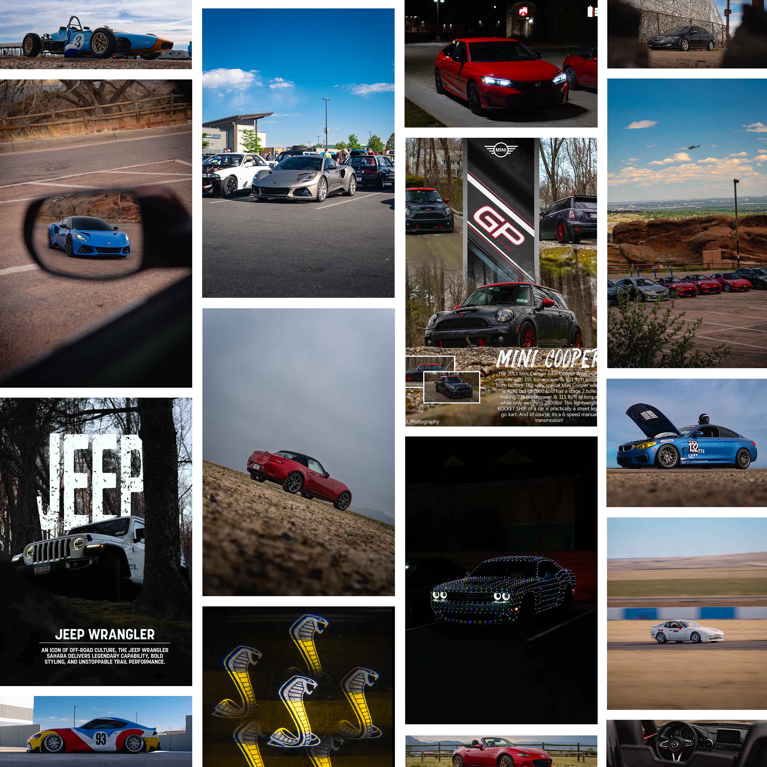 Collage of various cars including sports cars, a Jeep Wrangler, and a car covered in lights.