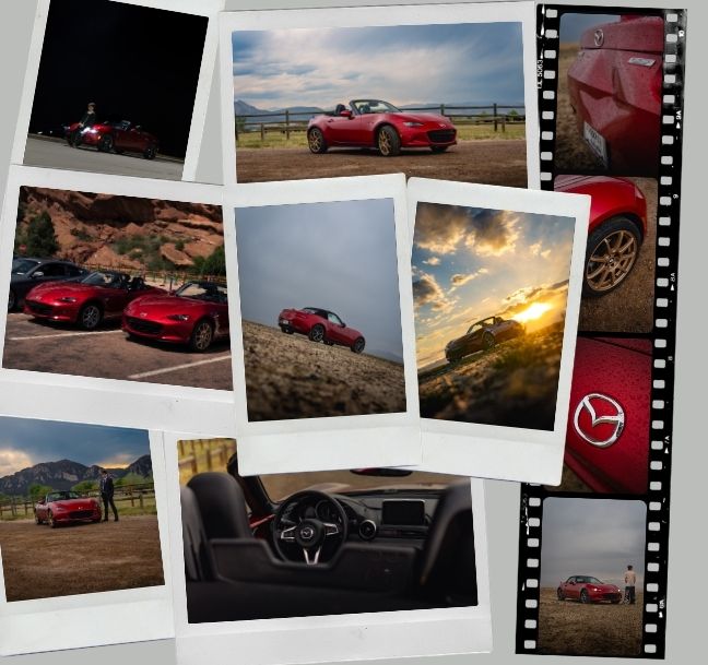 Collage of red Mazda convertible roadster photos showing exterior, interior, details, and sunset scenes.
