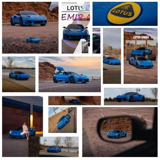 Collage of blue Lotus Emira sports car in various outdoor settings and angles, including badge close-up.