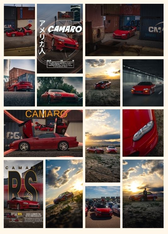 Collage of red Camaro cars in various outdoor and urban settings during sunset and day.