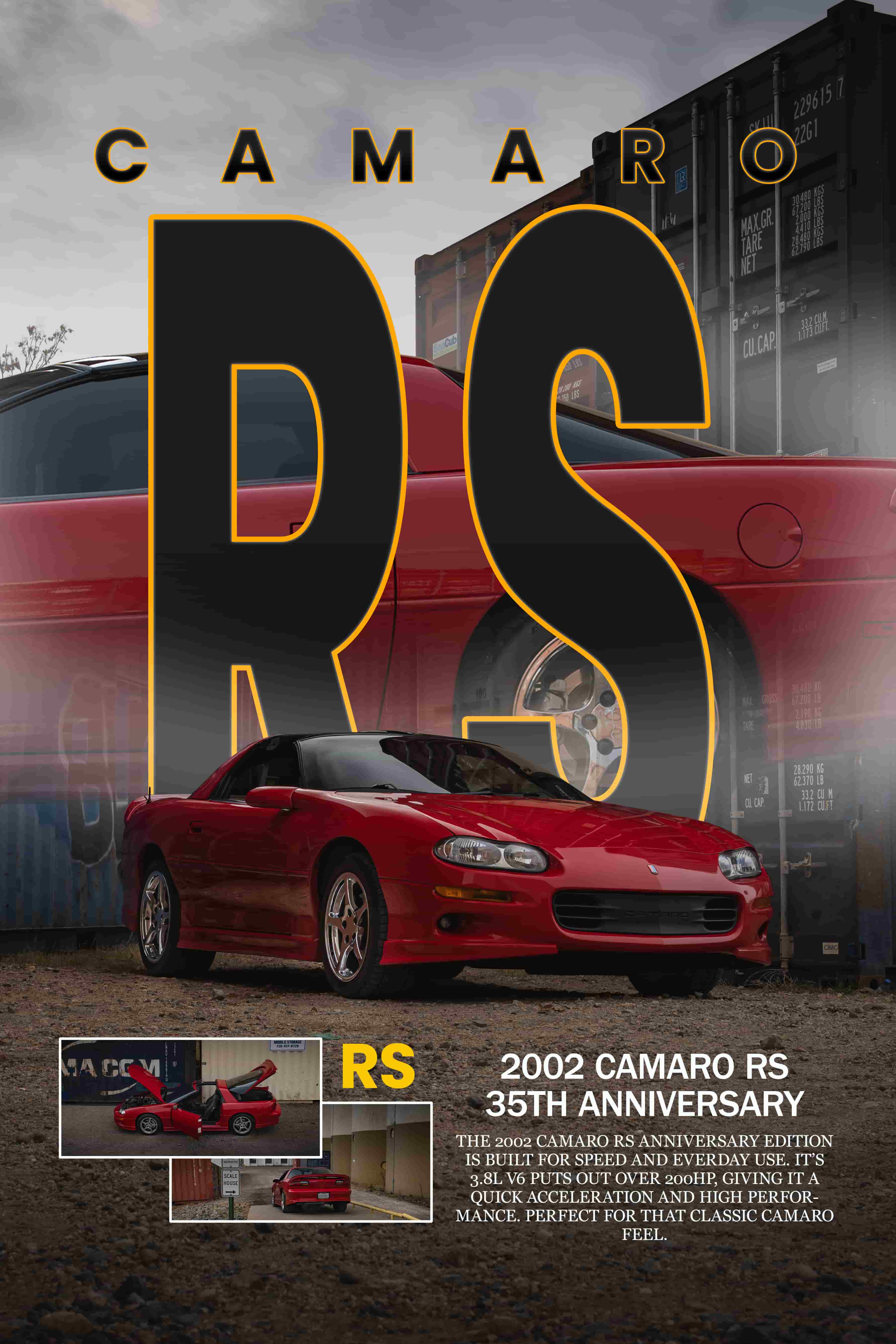 Red 2002 Camaro RS 35th anniversary edition parked with containers in background and promotional text.