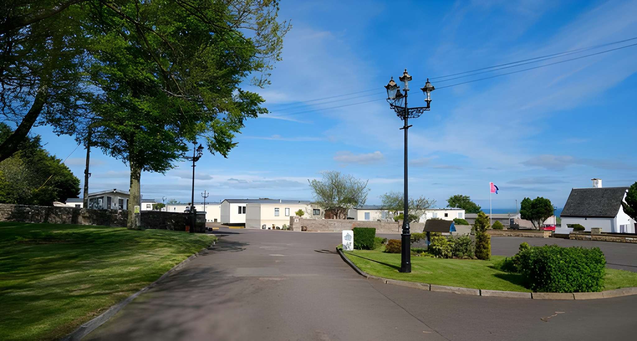 Sunny street with trees, lampposts, white buildings, and green grass