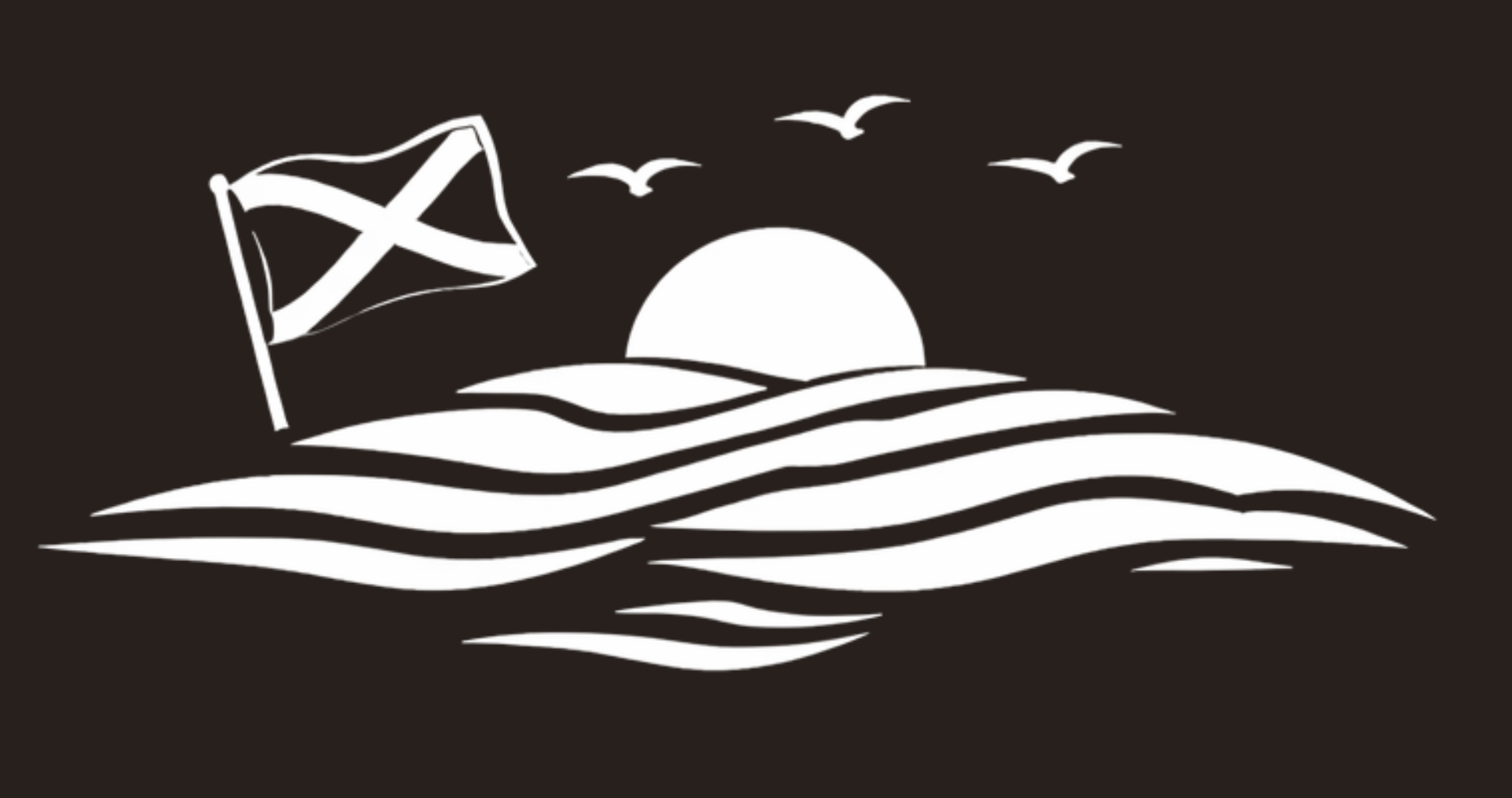 Scottish flag with sunset, waves, and seabirds in minimalist black and white