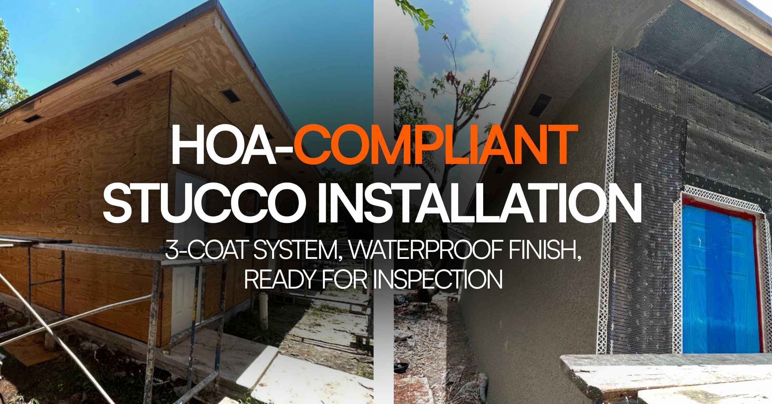HOA compliant stucco installation Miami, 3-coat waterproof finish ready for building inspection, 800 Handy licensed contractor