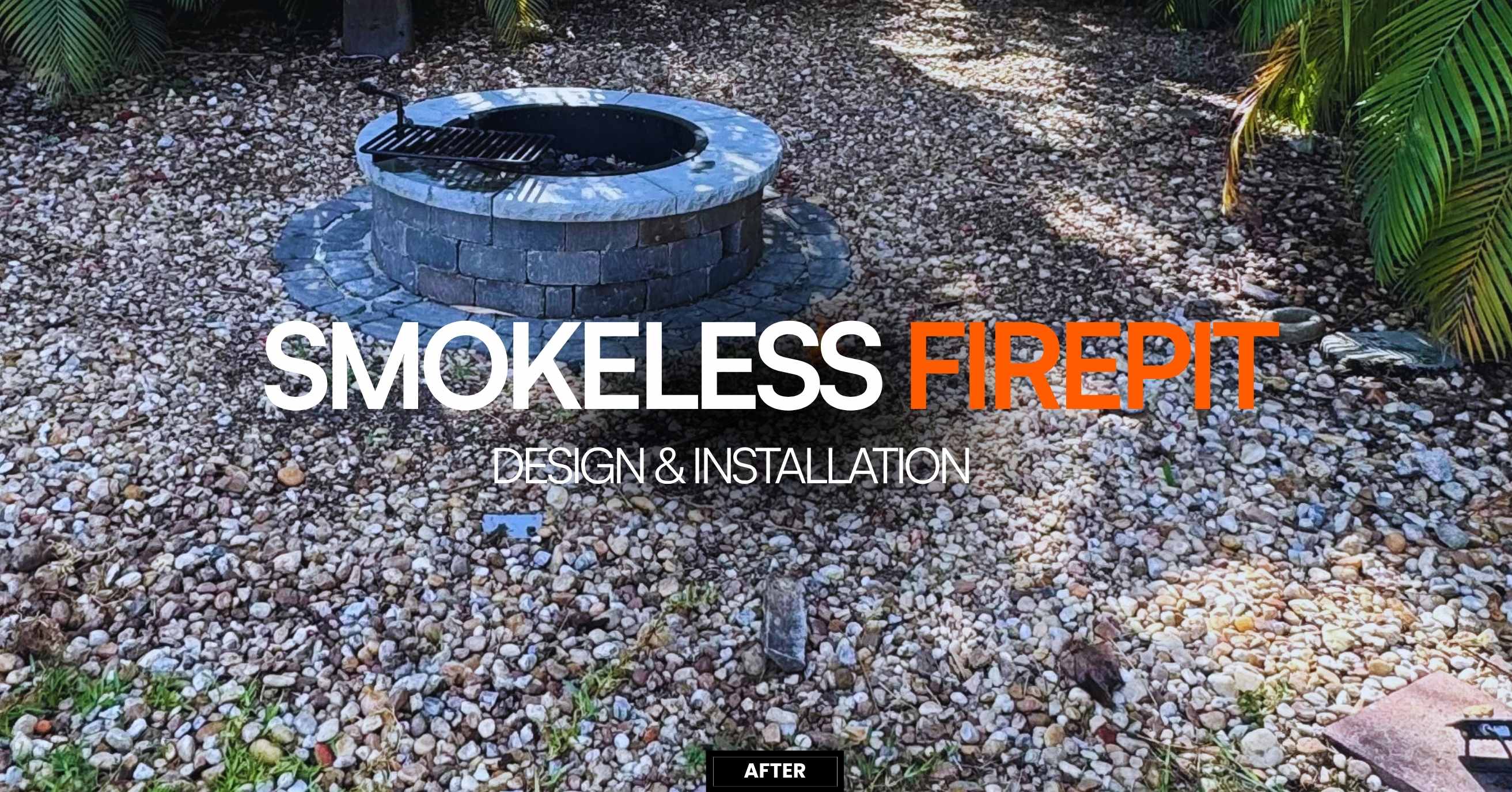 Smokeless firepit design and installation after photo in a Miami backyard showing a round stone firepit surrounded by white decorative gravel and tropical landscaping, custom outdoor project completed by 800 Handy licensed handyman contractor serving Coral Gables, Pinecrest and Key Biscayne