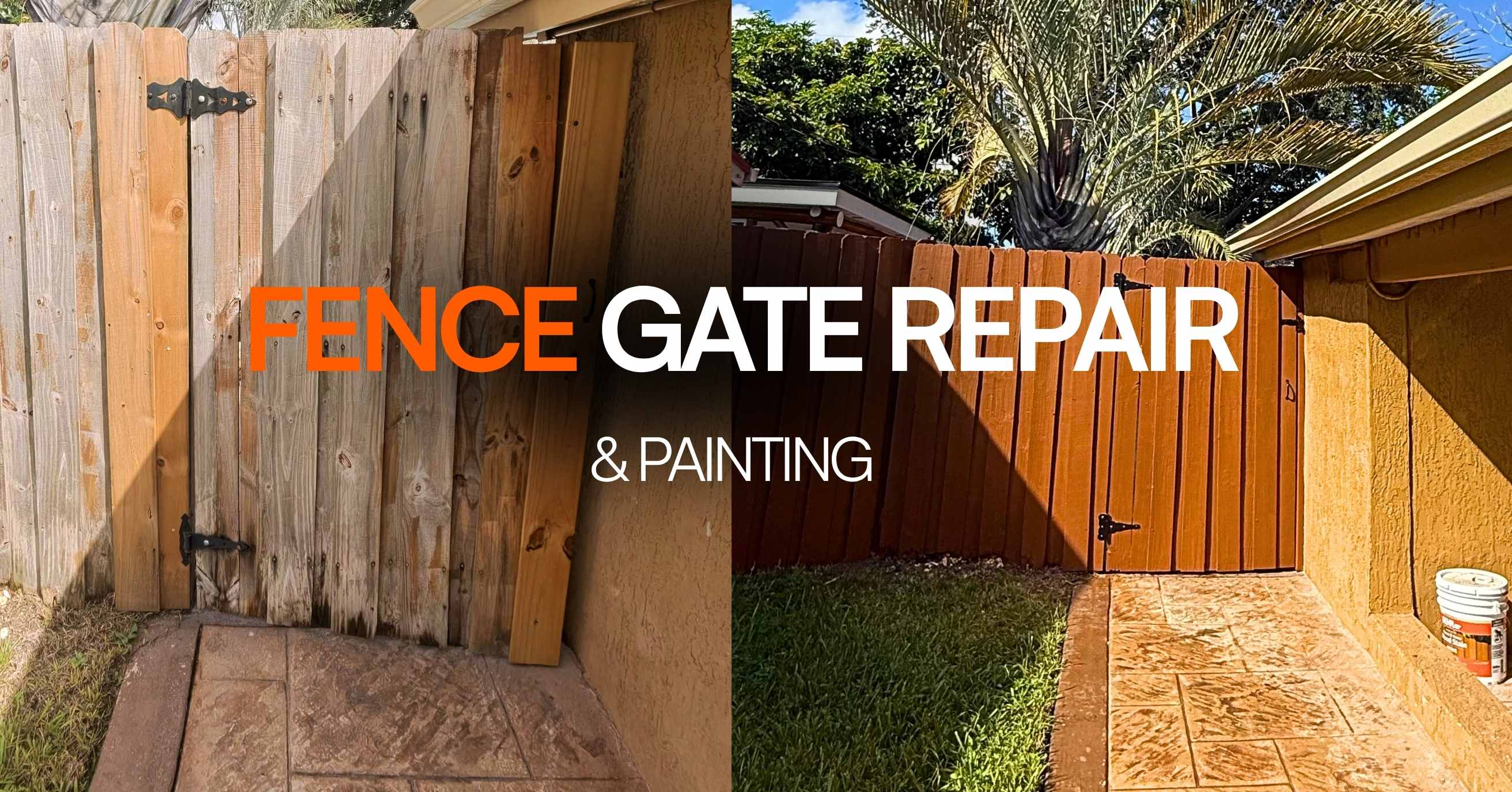 Fence gate repair and painting before and after in Miami showing weathered broken wooden gate restored and refinished with dark brown stain, completed by 800 Handy licensed handyman contractor serving Coconut Grove, Coral Gables, Pinecrest and Miami-Dade homeowners