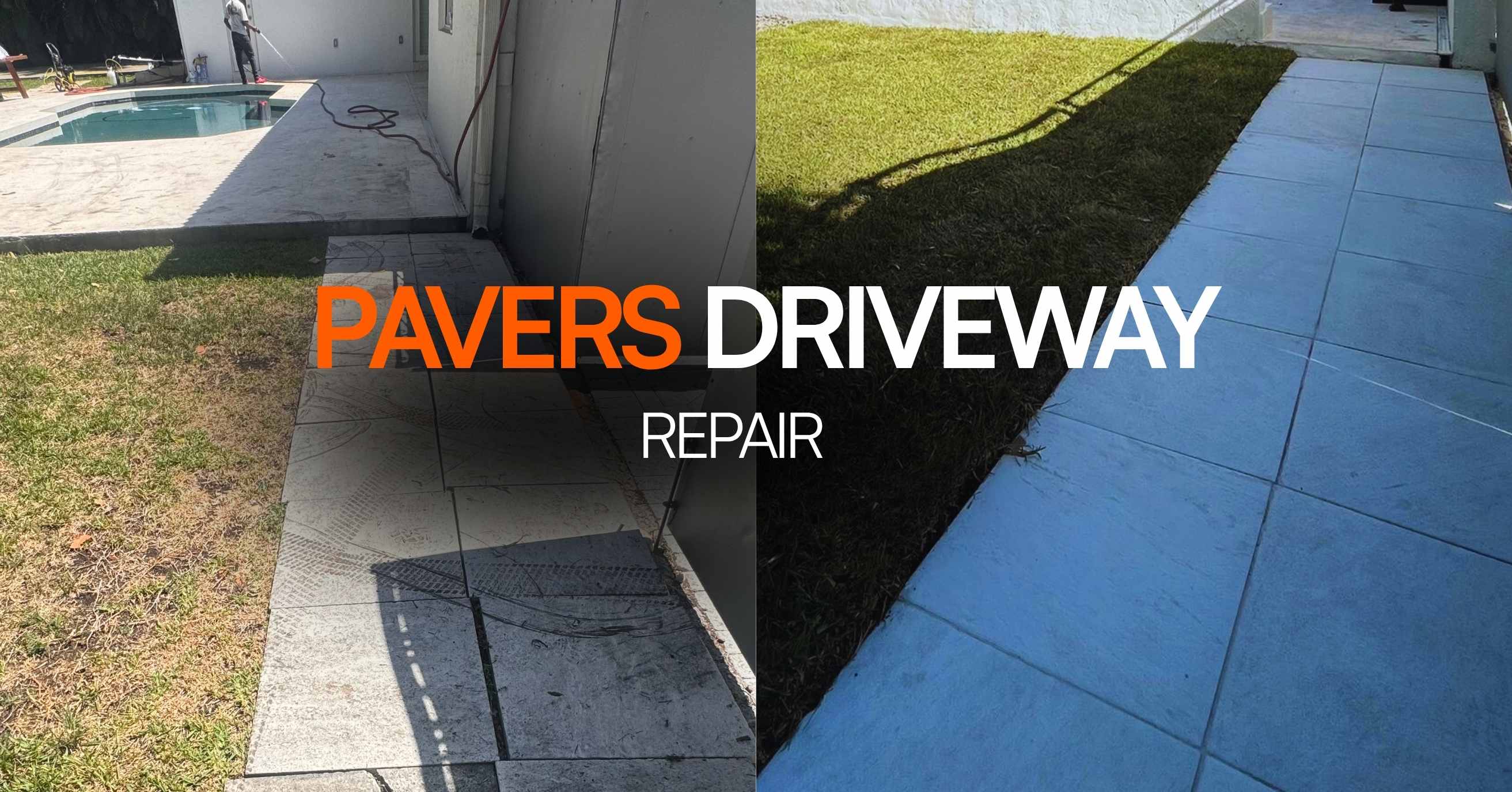 Pavers driveway repair and restoration before and after in Miami showing cracked paver replacement and leveling next to a green lawn, licensed handyman service by 800 Handy serving Miami-Dade homeowners