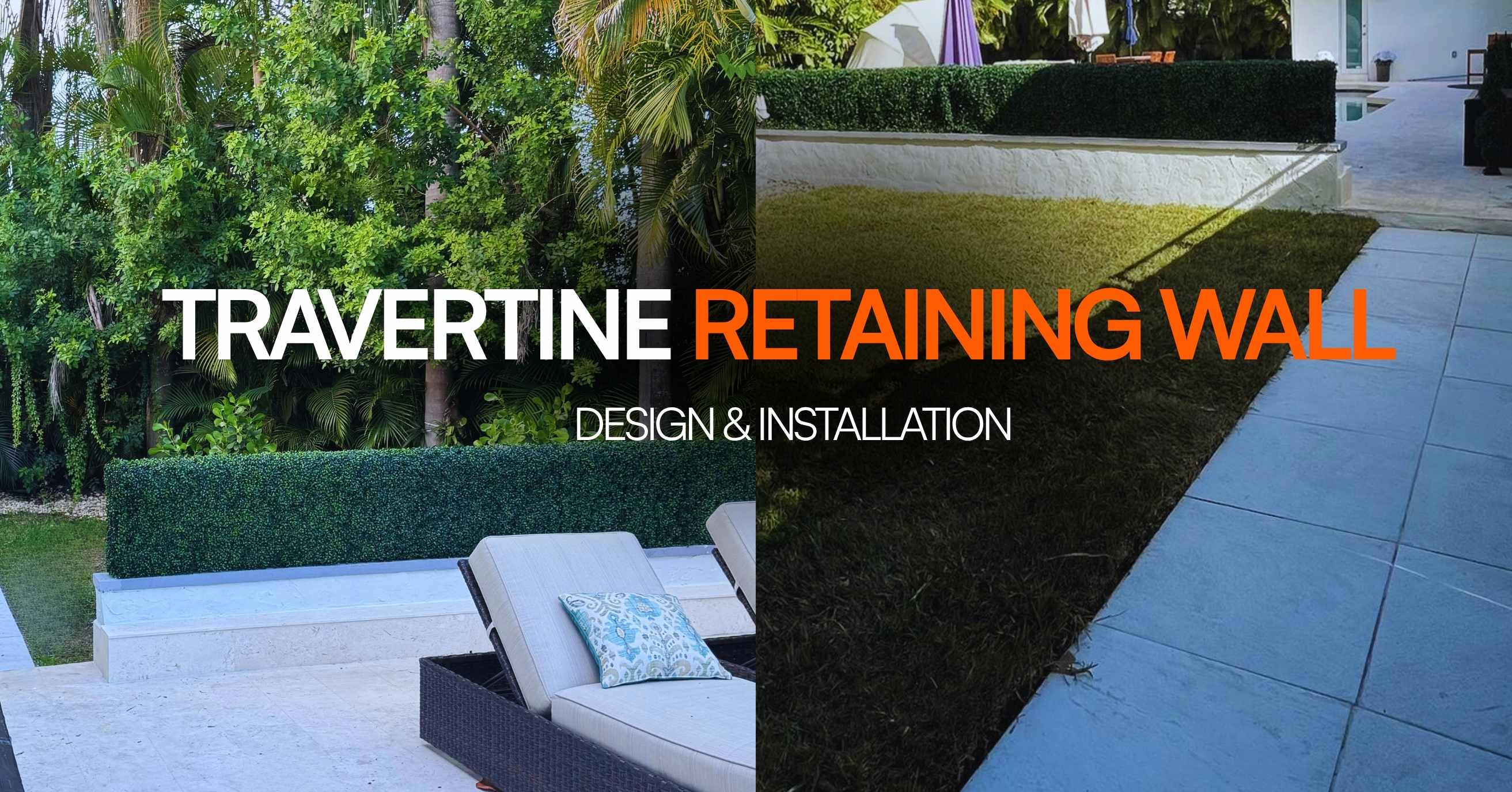 Travertine retaining wall design and installation in a Miami luxury backyard with pool deck, outdoor lounge area and manicured hedges, completed by 800 Handy handyman contractor serving Coral Gables, Key Biscayne and Pinecrest