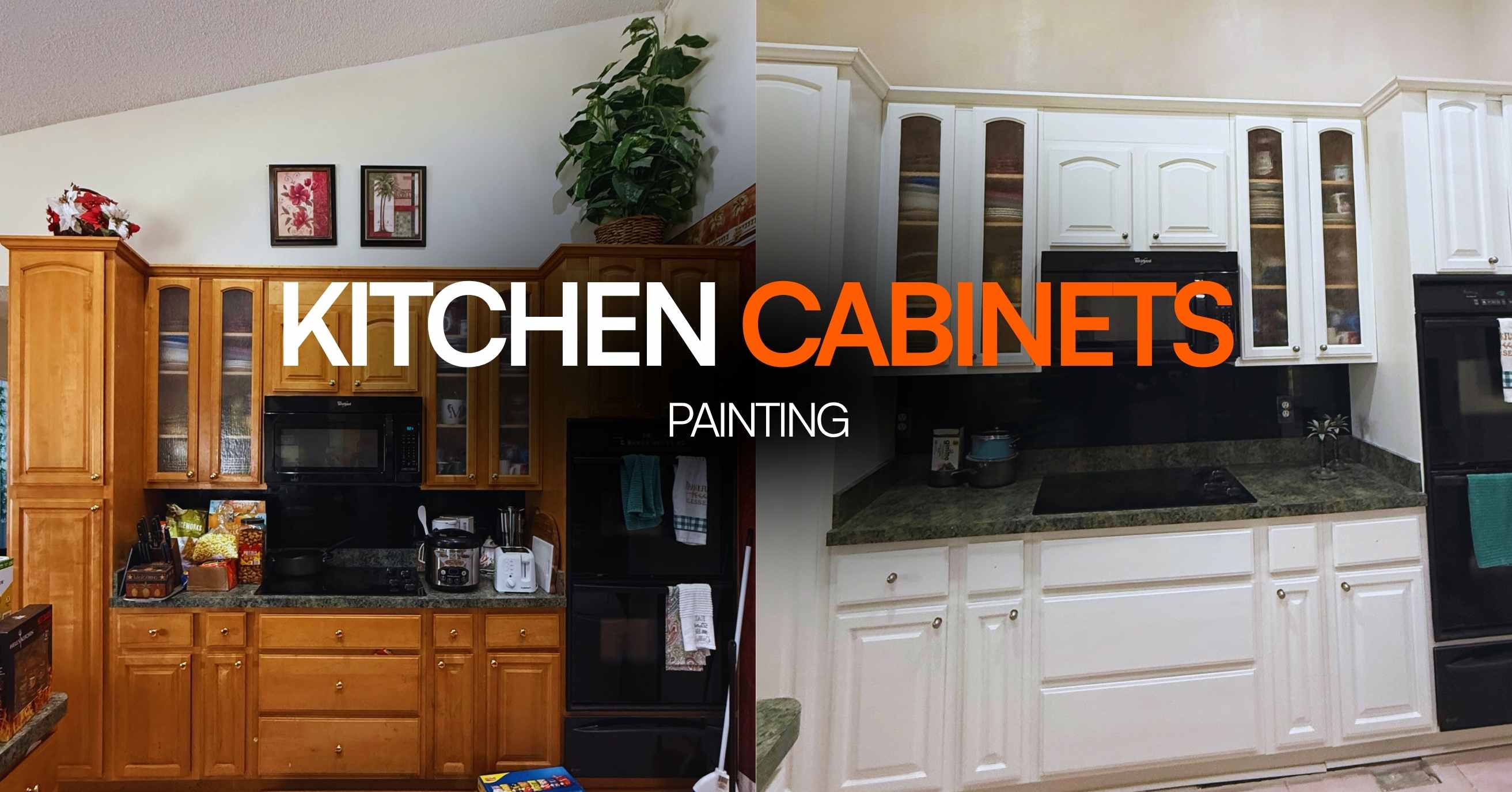 Kitchen cabinet painting Miami before and after, factory smooth finish, affordable cabinet refinishing Coral Gables Brickell